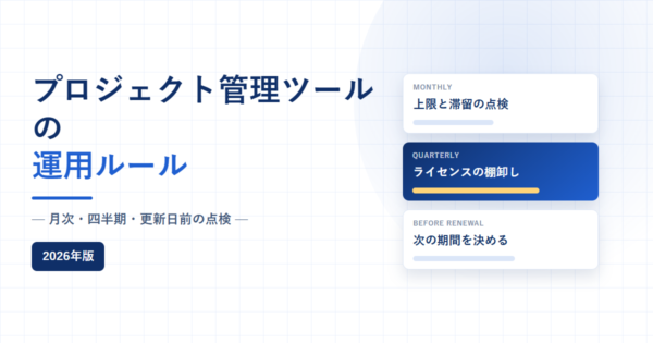 プロジェクト管理ツールの運用ルール、月次・四半期・更新日前の点検、2026年版と書かれたアイキャッチ画像。白地に淡い青のグリッドを敷き、右側に毎月・四半期・更新前の点検カードを縦に並べている