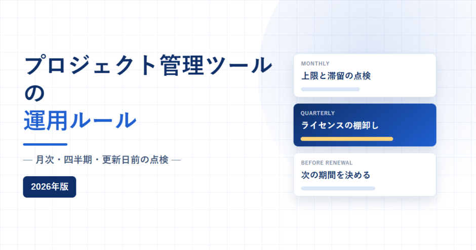プロジェクト管理ツールの運用ルール、月次・四半期・更新日前の点検、2026年版と書かれたアイキャッチ画像。白地に淡い青のグリッドを敷き、右側に毎月・四半期・更新前の点検カードを縦に並べている