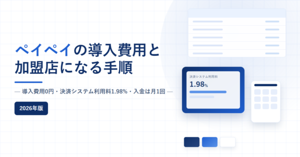 ペイペイの導入費用と加盟店になる手順をまとめた記事のアイキャッチ。導入費用0円、決済システム利用料1.98%、入金は月1回と記載