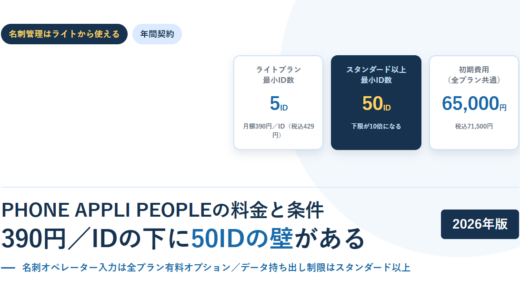 PHONE APPLI PEOPLEの料金と条件｜名刺管理は390円／IDのライトから、ただし上位プランは最小50ID【2026年】