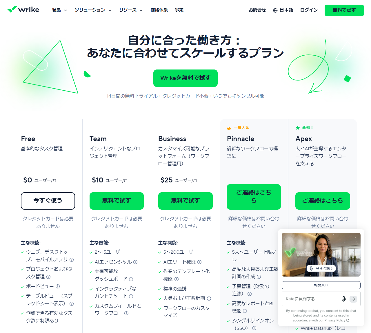 Wrikeの公式料金ページの画面。Free 0ドル、Team 10ドル、Business 25ドル、Pinnacleとカスタム価格のプランが並び、それぞれのユーザー数の範囲と機能が示されている