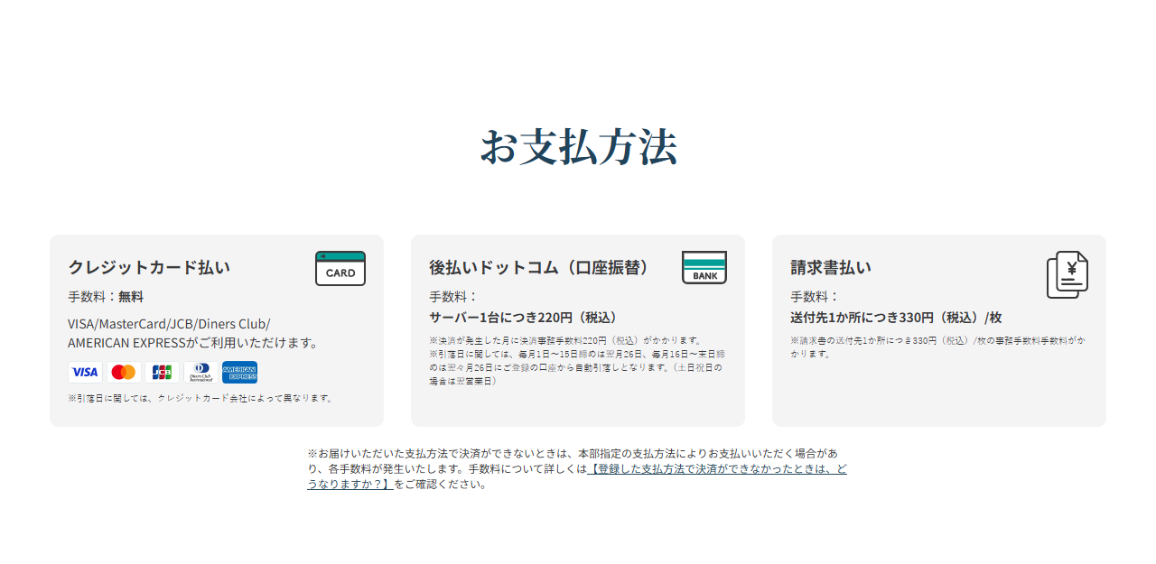 プレミアムウォーター公式サイトのお支払方法の画面。クレジットカード払いは手数料無料、後払いドットコム（口座振替）はサーバー1台につき220円、請求書払いは送付先1か所につき330円／枚と表示されている