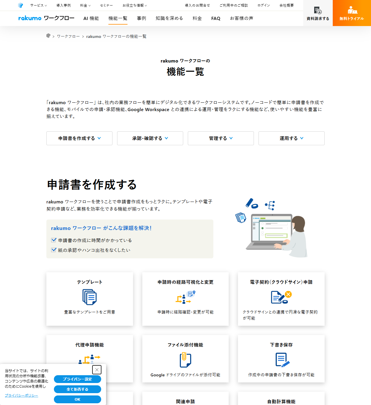 rakumo ワークフローの機能一覧ページ。申請書を作成する、承認・確認する、管理する、運用するの4区分が並んでいる公式画面