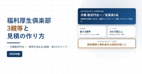 福利厚生倶楽部の3親等と見積の作り方、月額数百円台からと費用を決める3変数と書かれたアイキャッチ画像