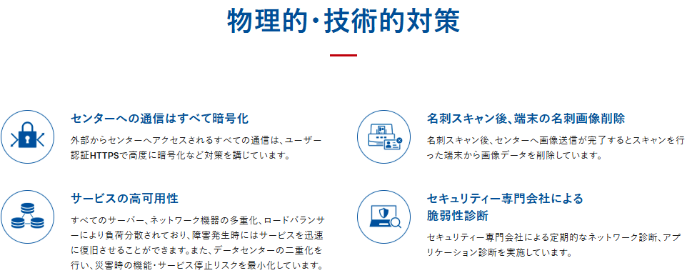 Sansanのセキュリティー対策ページに掲載された物理的・技術的対策。センターへの通信はすべて暗号化、名刺スキャン後に端末の名刺画像を削除、サービスの高可用性、セキュリティー専門会社による脆弱性診断の4項目が並んでいる