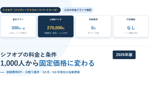 シフオプの料金と条件｜1ユーザー300円・初期費用0円、1,000人からIDパックの固定価格に変わる。打刻機能はない【2026年】