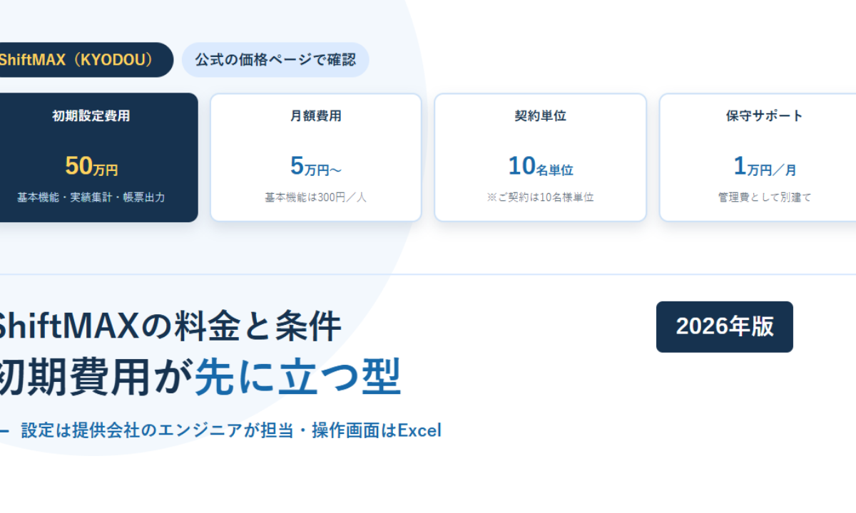 ShiftMAXの料金と条件｜初期設定費用50万円・月額5万円から、基本機能
