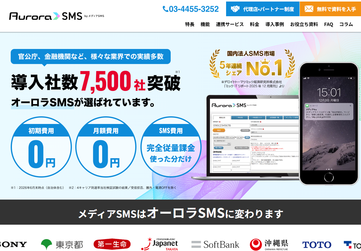 Aurora SMSの公式サイトの画面。導入社数7,500社突破という見出しと、初期費用0円、月額費用0円、SMS費用は完全従量課金という3つの表示、メディアSMSはオーロラSMSに変わりますという告知がある