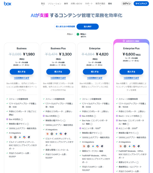 Boxの日本語の料金ページの画面。Business、Business Plus、Enterpriseのプランカードが並んでいる