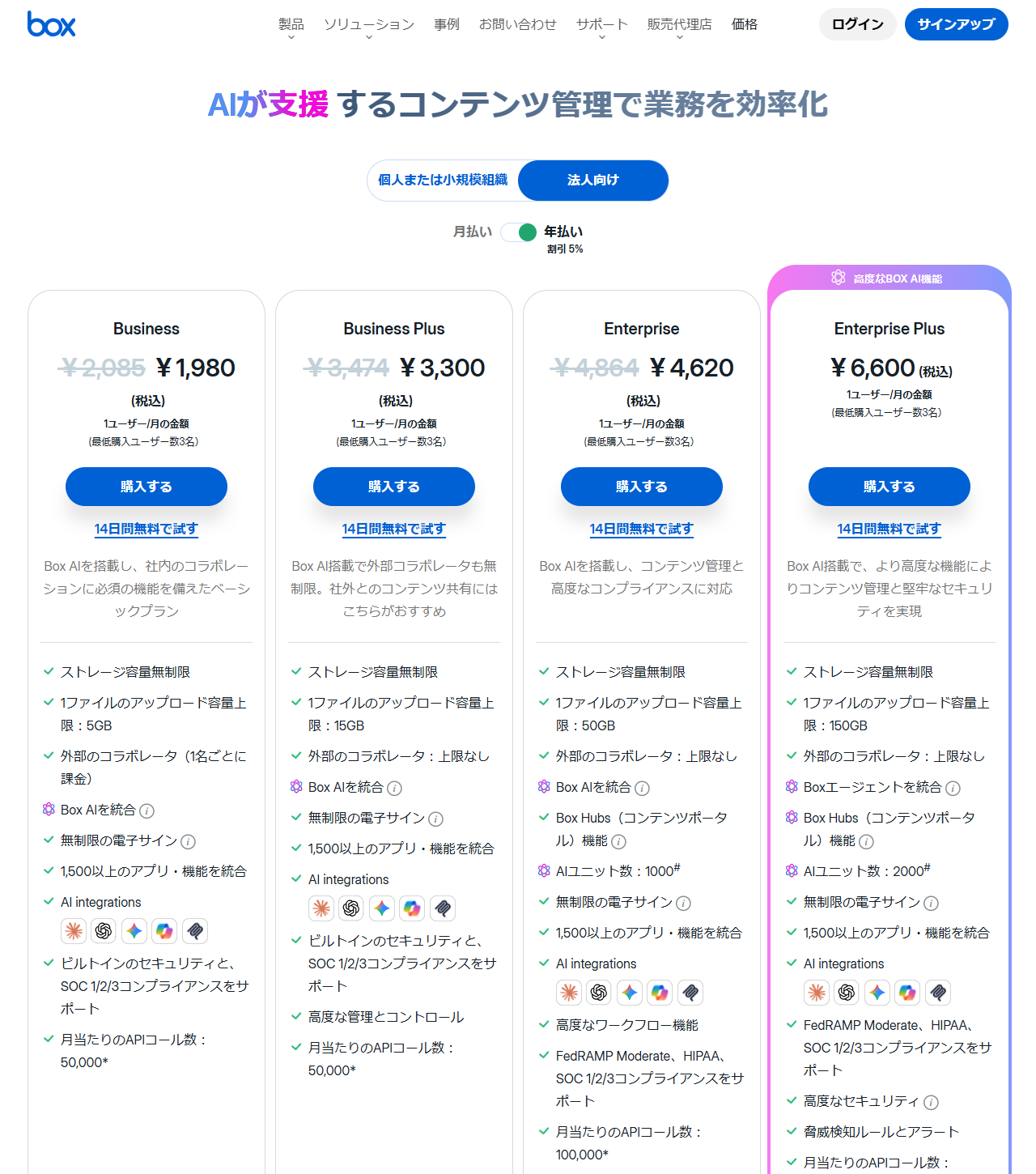 Boxの日本語の料金ページの画面。Business、Business Plus、Enterpriseのプランカードが並んでいる