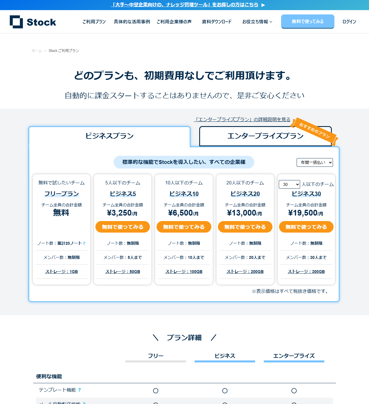 Stockの公式料金ページの画面。フリープランとビジネスプラン、エンタープライズプランが、チーム全員の合計金額とメンバー数・ストレージつきで並んでいる