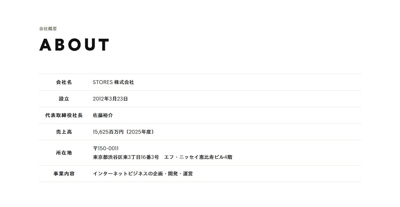 STORES株式会社の会社概要ページの画面キャプチャ。会社名、設立、代表取締役社長、売上高、所在地、事業内容が表形式で掲載されている