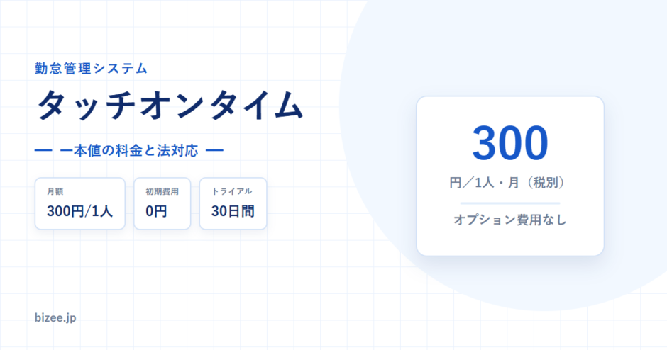 タッチオンタイムの詳細ページのアイキャッチ。月額300円1人、初期費用0円、トライアル30日間