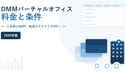 DMMバーチャルオフィスの料金と条件 2026年版。入会金5,500円・転送カスタマイズ0円〜を副題に挙げ、右側に封筒とビルのモチーフ、右上に比較表のイラストを配したアイキャッチ