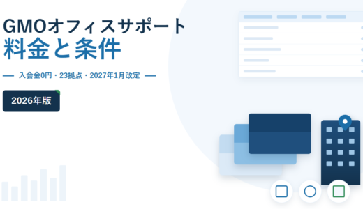 GMOオフィスサポートの料金と条件 2026年版。入会金0円・23拠点・2027年1月改定を副題に挙げ、右側に封筒とビルのモチーフ、右上に比較表のイラストを配したアイキャッチ