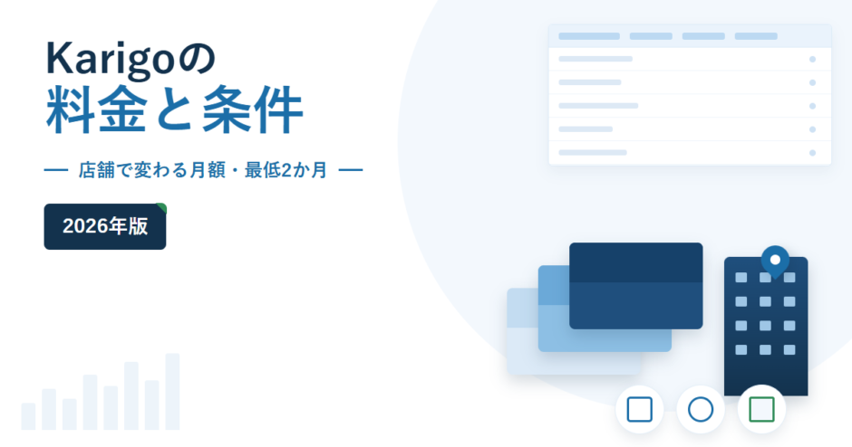 Karigoの料金と条件 2026年版。店舗で変わる月額・最低2か月を副題に挙げ、右側に封筒とビルのモチーフ、右上に比較表のイラストを配したアイキャッチ