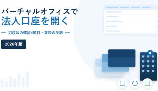 バーチャルオフィスで法人口座を開く 2026年版。犯収法の確認4項目・書類の受取を副題に挙げ、右側に封筒とビルのモチーフ、右上に比較表のイラストを配したアイキャッチ