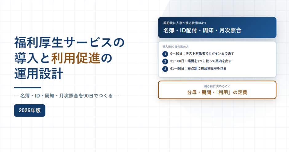 福利厚生サービスの導入と利用促進の運用設計、名簿とIDと周知と月次照合を90日でつくると書かれたアイキャッチ画像