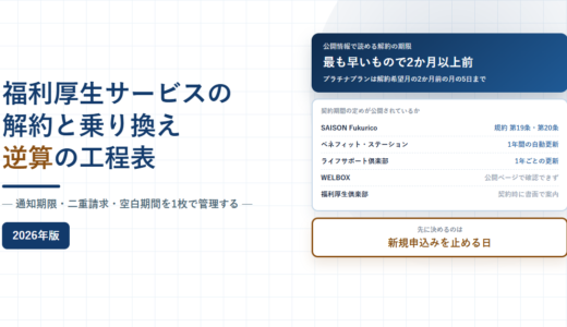 福利厚生サービスの解約と乗り換え、逆算の工程表と通知期限・二重請求・空白期間を1枚で管理すると書かれたアイキャッチ画像