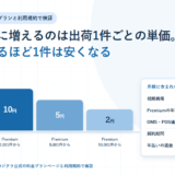 白地に淡い青のグリッドを敷いたBIZeeのアイキャッチ。ロジクラのタグと「月額のほかに増えるのは出荷1件ごとの単価。件数が増えるほど1件は安くなる」という見出しを置き、Lite301件目から25円、Premium2,001件から10円、5,001件から5円、50,001件から2円を高さの違う4本の棒で階段状に示し、右側に初期費用は金額非公開・Premiumの年間保守費用は2年目から3万円・OMS/POS連携は＋10,000円・契約期間は1年の自動更新・年払いの返金は行わない、を並べたカードを配置した構成