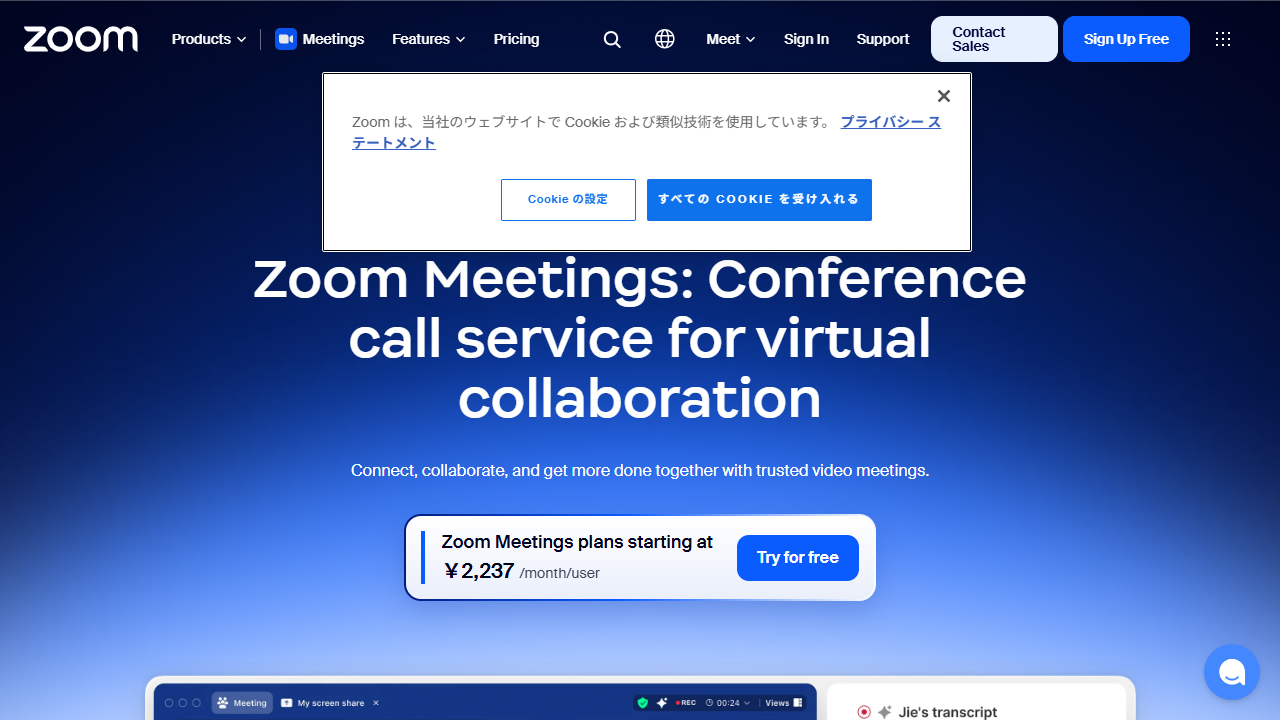 Zoom Workplace Meetings公式サイト（2026年8月29日確認）